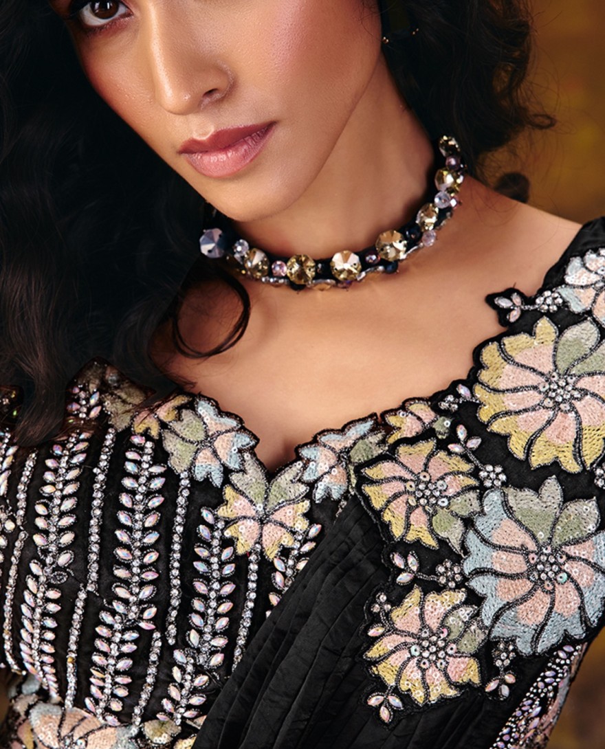 27115 - Jet Black Embroidered Wedding Party Designer Saree